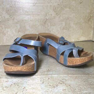 Womens Blue Leather Strappy Sandals Cork Wedge Sole Adjustable Buckle Strap